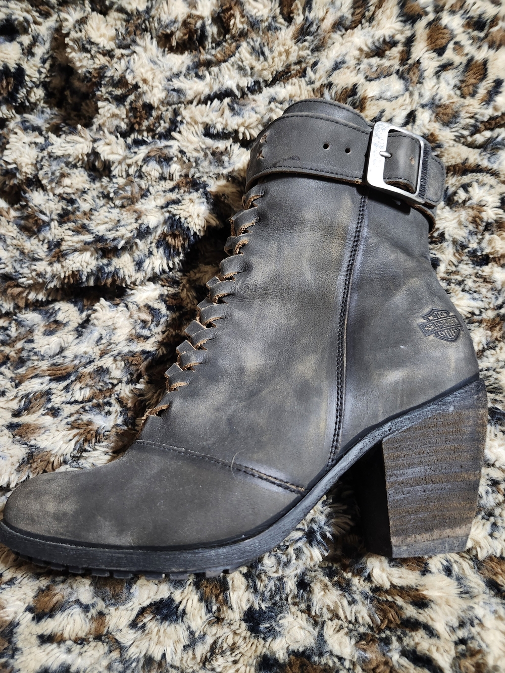 Harley-Davidson Women's Rustic Leather Gray Lace-Up Buckle Ankle Boot